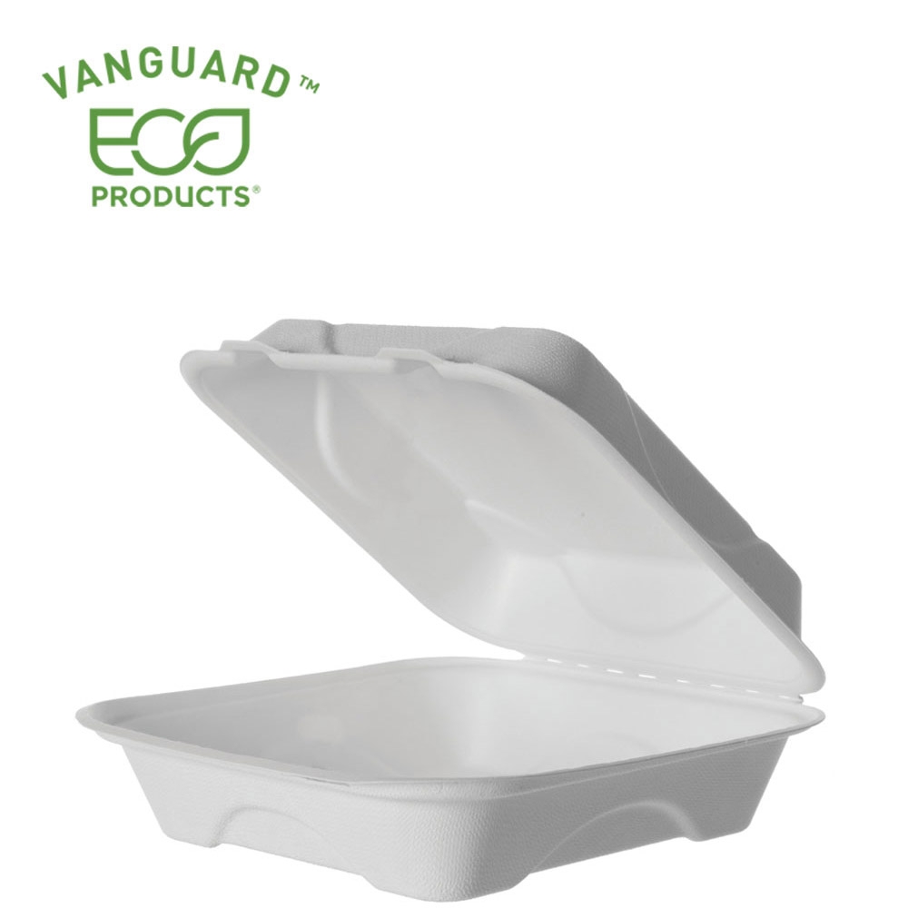 EP-HC96NFA ECO-Products® Vanguard Compostable Sugarcane Clamshells, 9 x 6 x 3, White (No PFAS Added)